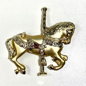 Matte Gold Tone  Rhinestone Large Carousel Horse Brooch Pin 2 1/2